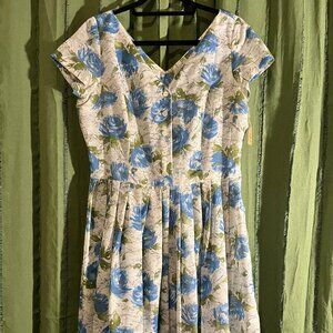 Vintage Blue Floral Fit & Flare Dress | Cottagecore Tea Party | Full Skirt | S/M